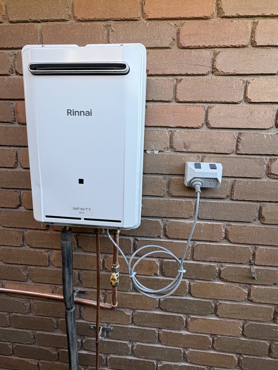 Rinnai continuous flow hot water system installed on a Sunbury home